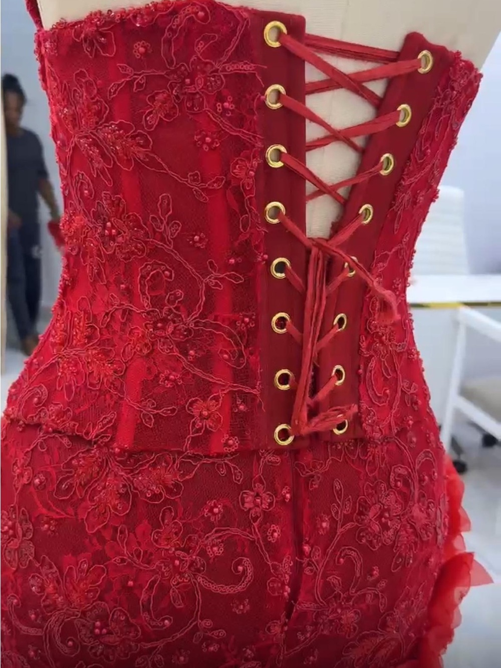 Red Embroidered Backless Corset Dress with Lace-Up Back